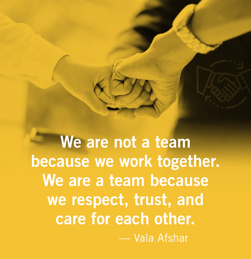 Quotes-01 We are not a team because we work together. We are a team because we respect, trust, and care for each other. — Vala Afshar